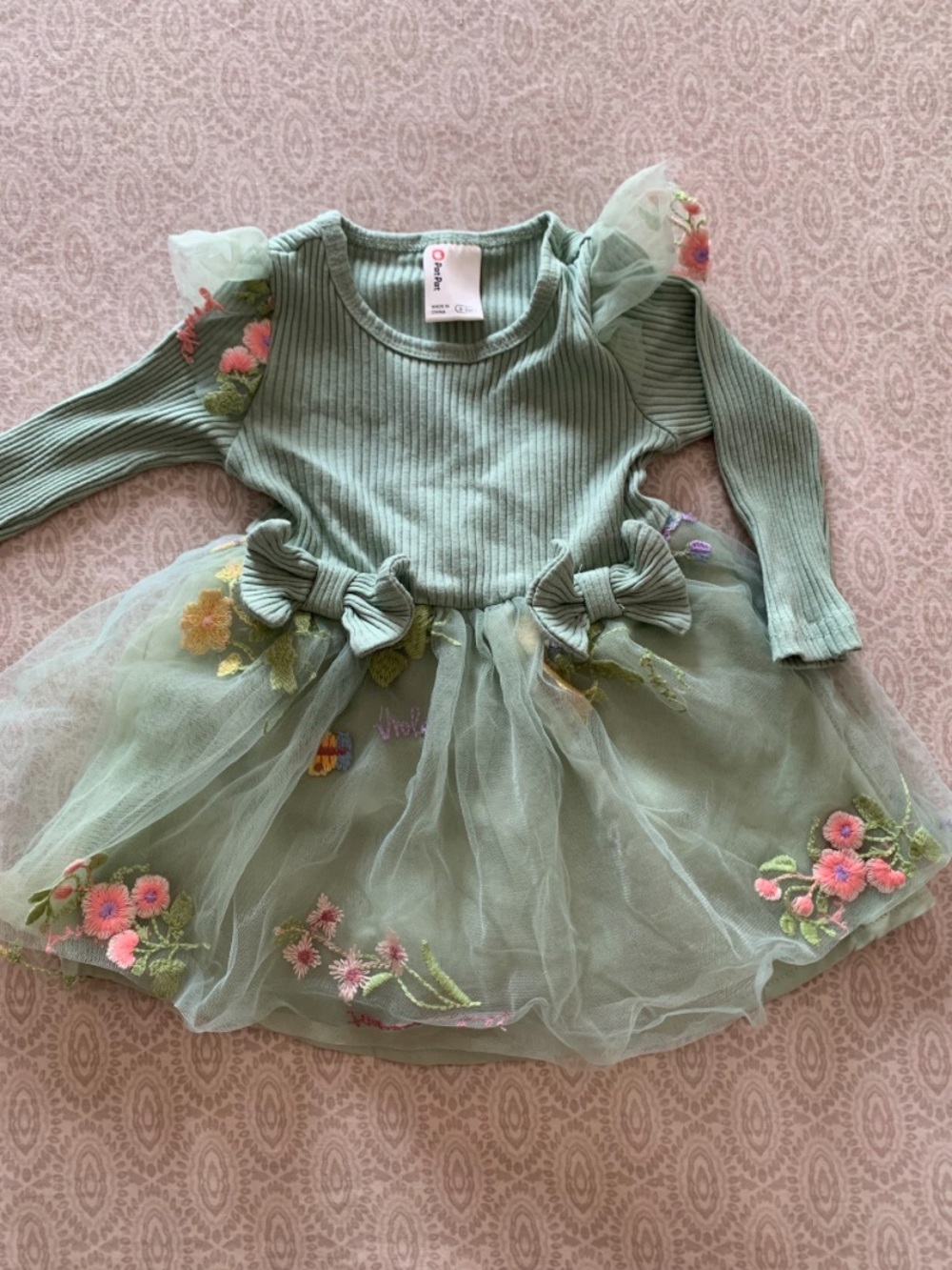 PatPat Sage Green Floral Tulle Dress for Kids